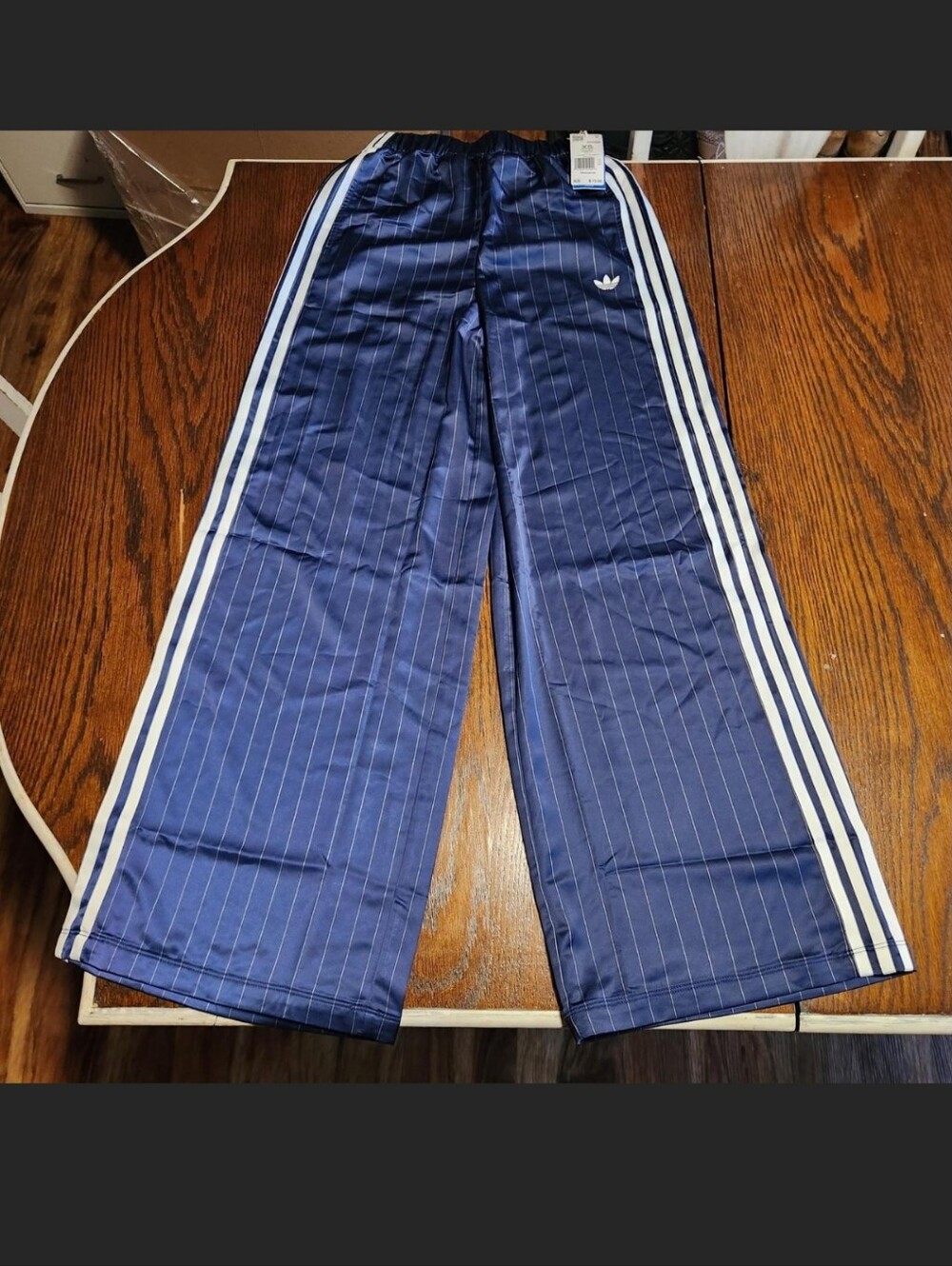 Adidas Navy Pinstripe Joggers with White Side Stripes